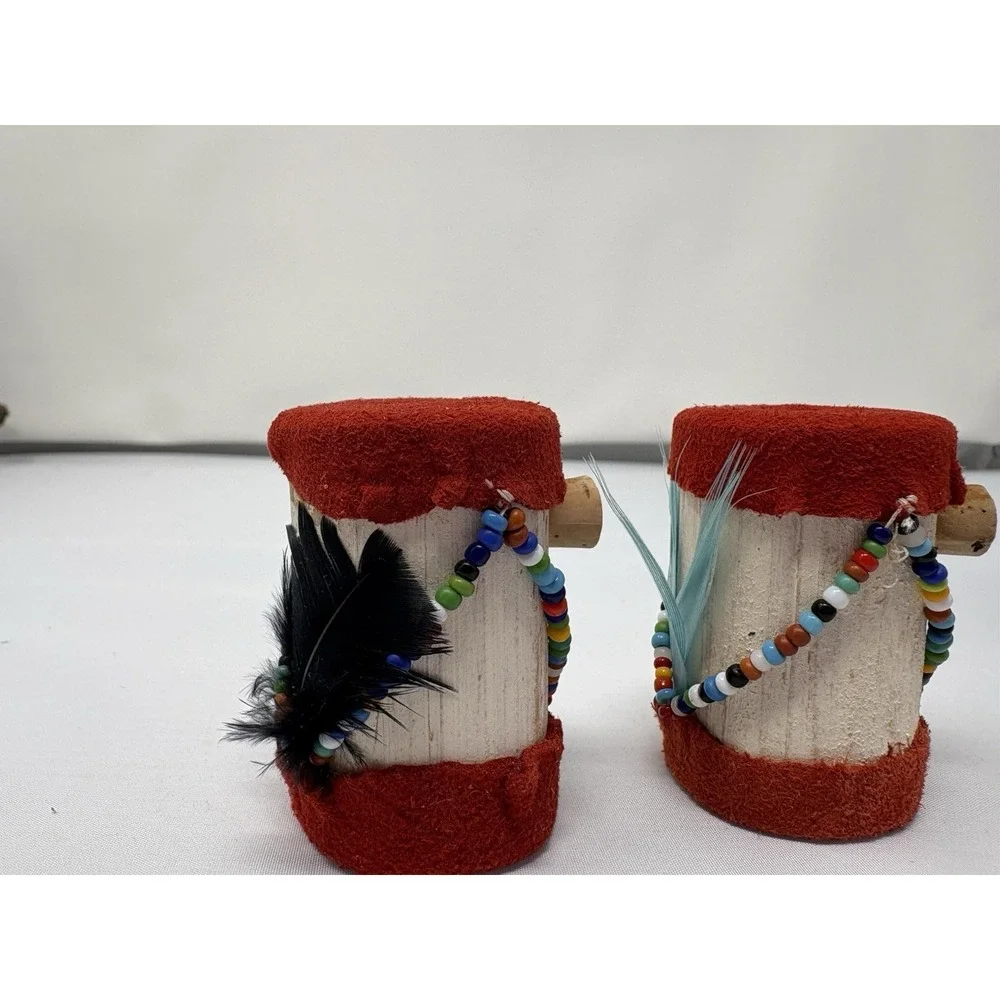 Vintage  Indian Drums Salt & Pepper Wood Rawhide beading